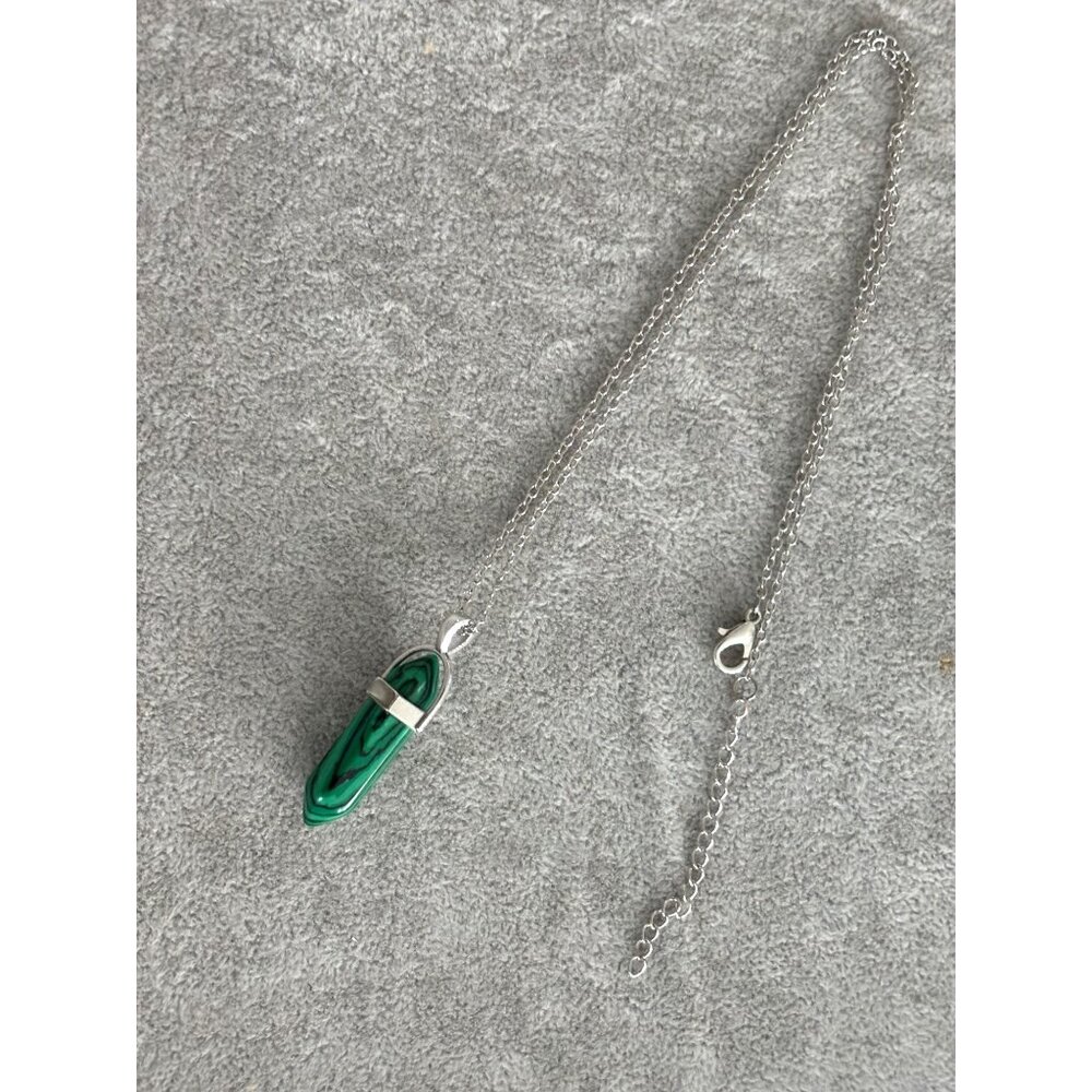 Green Malachite Crystal Pendant Necklace With Silver-Tone Chain 18" Long